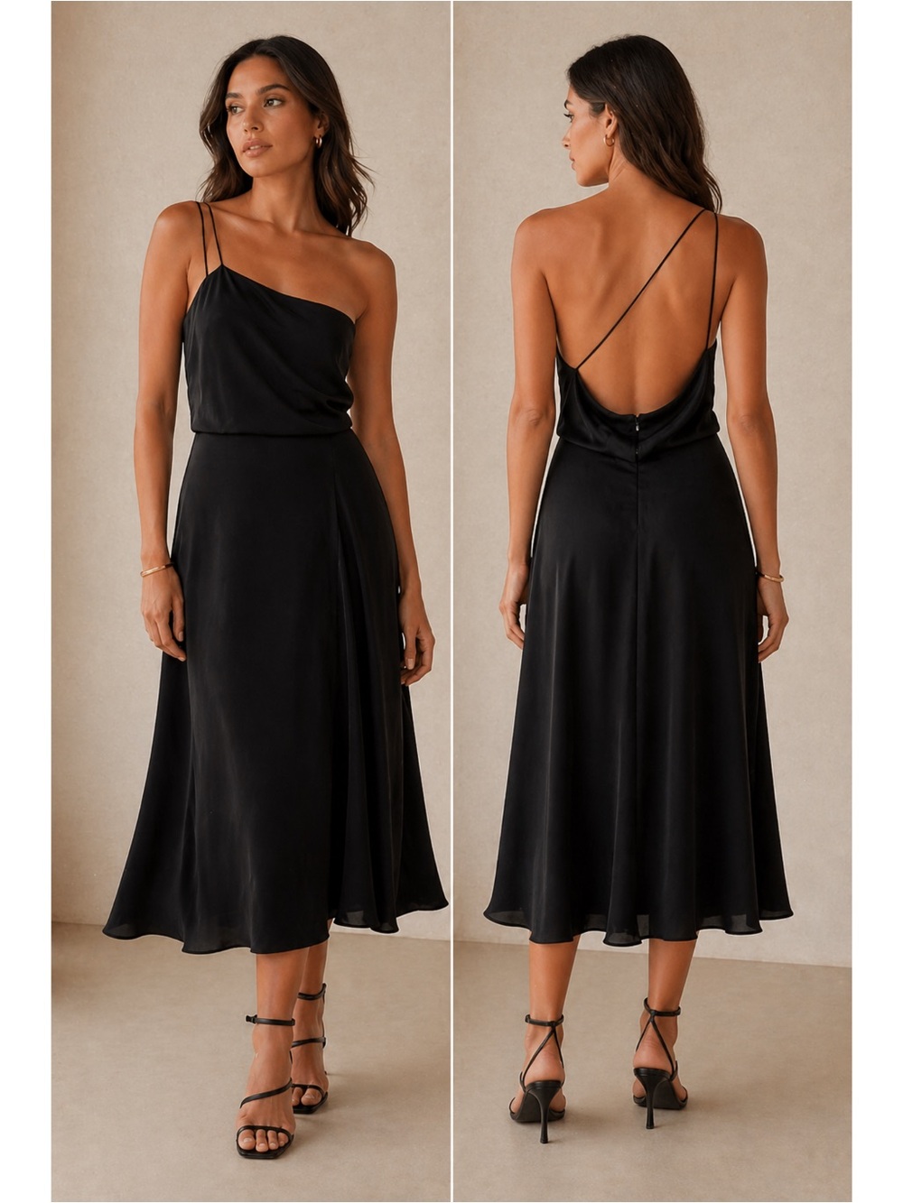 Katayone Adeli 100% Silk One Shoulder Dress 6 Black Midi Faux Wrap Evening USA